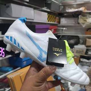 NEWใหม่ รองเท้าสตั๊ด Mizuno สีฟ้าเชือกเขียว หนังวัวแท้ 100% งานท็อป made in Japan พร้อมจัดส่งแล้ววันนี้ทั่วประเทศไทย