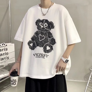 Summer New Style Large Size Loose Trendy ins Korean Version Bear Print Short-Sleeved T-Shirt Men Women All-Match Th_03
