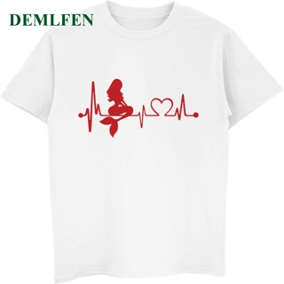 เสื้อยืดแขนสั้นFunny Mermaid Heartbeat Lifeline แฟชั่นเสื้อยืดพิมพ์ลายผู้ชายฤดูร้อนผ้าฝ้ายแขนสั้นเสื้อ T Streetwear Nove