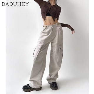 DaDuHey💕 Womens American Style High Street Retro Workwear High Waist Loose Straight Slim All-Matching Wide Leg Hiphop Casual Long Cargo Pants