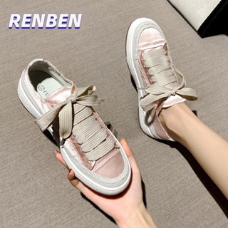 RENBEN ใหม่รอบนิ้วเท้าสกปรกรองเท้าสไตล์เกาหลีสบาย ๆ ซาตินแบนรองเท้าสีขาวขนาดเล็ก