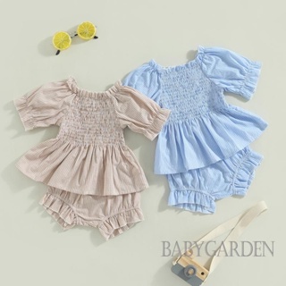 Babygarden-0-24 เดือน ชุดเสื้อผ้าเด็กผู้หญิง ฤดูร้อน ลายสก๊อต แขนสั้น เสื้อ Ruched และกางเกงขาสั้น เอวยางยืด