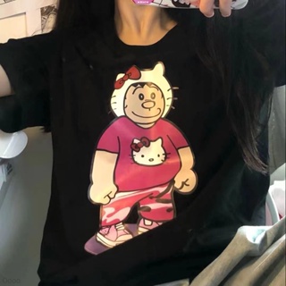 SANRIO เสื้อยืดแขนสั้น ผ้าฝ้าย พิมพ์ลายการ์ตูน Hello Kitty น่ารัก โอเวอร์ไซซ์ แฟชั่นเกาหลี สําหรับผู้หญิง Y2k