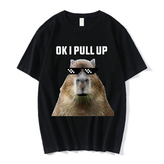 คาปิบาร่า [S-5XL]เสื้อยืดลําลอง ผ้าฝ้ายแท้ แขนสั้น พิมพ์ลาย Ok I Pull Up Capybara ทรงหลวม สไตล์โกธิค แฟชั่นสําหรับผู้ชาย