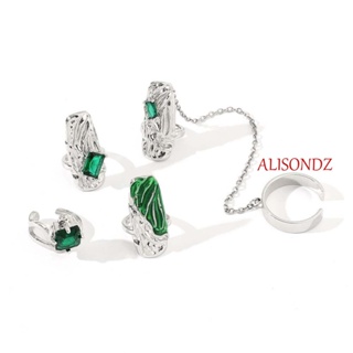 Alisondz แหวนเกราะ พังก์ ปรับได้ ของขวัญ เครื่องประดับเล็บผู้หญิง โลหะผสม สีเขียว เปิดเล็บ แหวน