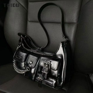 TAIDU กระเป๋ามอเตอร์ไซค์สายโซ่ HOT สาวเท่สไตล์ การออกแบบเฉพาะ การเดินทางแบบหลายกระเป๋า กระเป๋าสะพายสีดำ