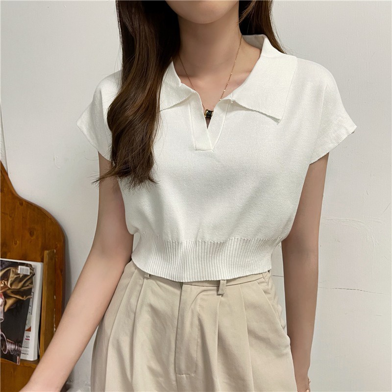 dodo-พร้อมส่ง-เสื้อคอปกทรงครอปผ้านิ่มใส่สบายมากค่าอิอิ-แขนกุดคอปก-k282