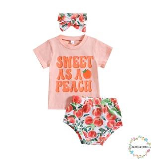 Babyclothes- ชุดเสื้อยืด แขนสั้น พิมพ์ลายตัวอักษร และกางเกงขาสั้น ผ้ายืด พิมพ์ลายพีช แฟชั่นฤดูร้อน สําหรับเด็กผู้หญิง
