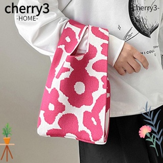 Cherry3 กระเป๋าถือ ผ้าถัก ลายดอกไม้ แฮนด์เมด ใช้ซ้ําได้