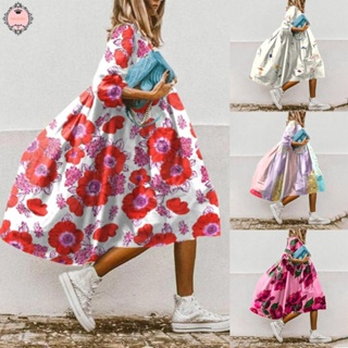 Women Summer Lapel Casual Colorful Floral Print Beach Party Shirt Loose Dress