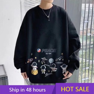 เสื้อกันหนาวแขนยาวลําลอง ทรงหลวม พิมพ์ลายการ์ตูนดาวเคราะห์ สีดํา สไตล์อเมริกัน แฟชั่นคู่รัก สําหรับผู้ชาย และผู้หญิง ไซซ์ M - 5XL