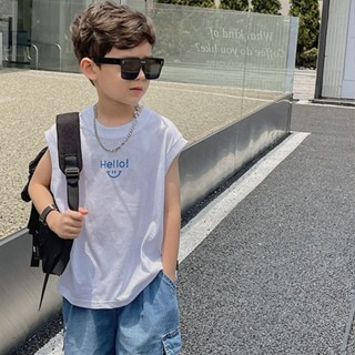 พร้อมส่ง เสื้อยืดแขนกุด ผ้าฝ้ายแท้ พิมพ์ลายตัวอักษรหน้ายิ้ม สไตล์เกาหลี ญี่ปุ่น ฤดูร้อน สําหรับเด็กผู้ชาย