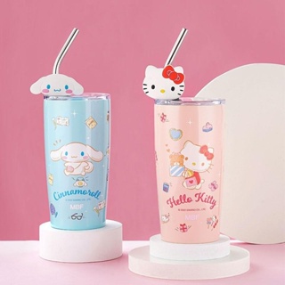 กระติกน้ําร้อน ลายอนิเมะ My Melody Kuromi Kawaii Sanrio Hello Kitty ขนาดพกพา 750 มล. พร้อมหลอดดูด สําหรับรถยนต์ Sus304