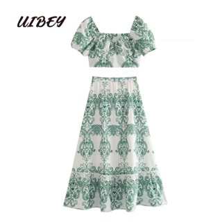 Uibey เสื้อคอสี่เหลี่ยม พิมพ์ลาย + กระโปรงยาวครึ่ง แฟชั่น 4527