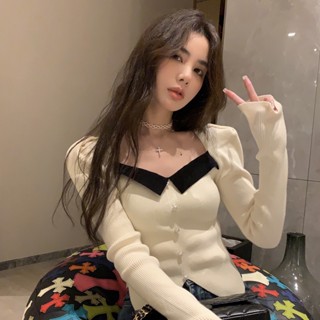 [พร้อมส่ง] เสื้อกันหนาวแขนพัฟ คอสี่เหลี่ยม สไตล์ฝรั่งเศส ฤดูใบไม้ร่วง ฤดูหนาว สําหรับผู้หญิง