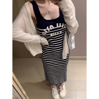 9MC7 PRA * A 2023 autumn and winter New letter printing sling knitted vest dress womens fashionable striped dress slim fit and slim