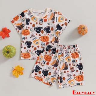 Babybaby- เด็ก 2 ชิ้น ชุดฮาโลวีน แขนสั้น พิมพ์ลายการ์ตูน เสื้อยืด + กางเกงขาสั้น