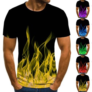 เสื้อยืดลําลอง แขนสั้น พิมพ์ลายเปลวไฟ 3D สไตล์ฮิปฮอป แฟชั่นฤดูร้อน สําหรับผู้ชาย ไซซ์ M~2XL
