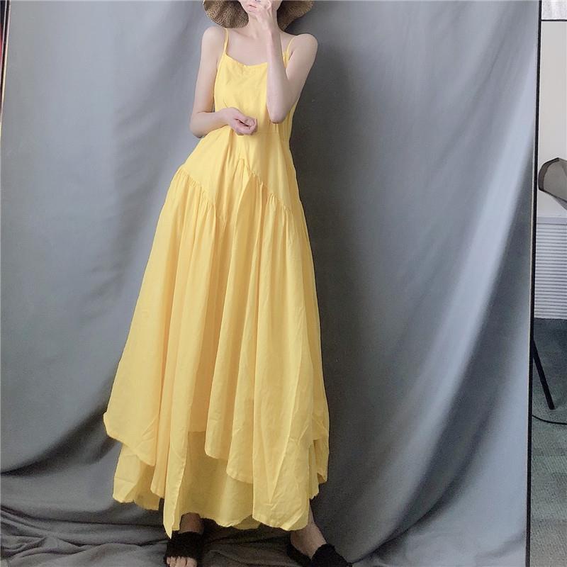 เสื้อผ้าผู้หญิง-โชคดี-ชุดเดรสกระโปรงยาว-สีเหลืองมะนาว-ทรงไม่สมมาตร-ขนาดใหญ่-สไตล์ฤดูร้อน-สําหรับสตรี