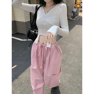 กางเกงทำงานผู้หญิงออกแบบหลวมความรู้สึกเฉพาะกลุ่มสบาย-ๆ-ขากว้างสีเทากางเกงเทรนด์