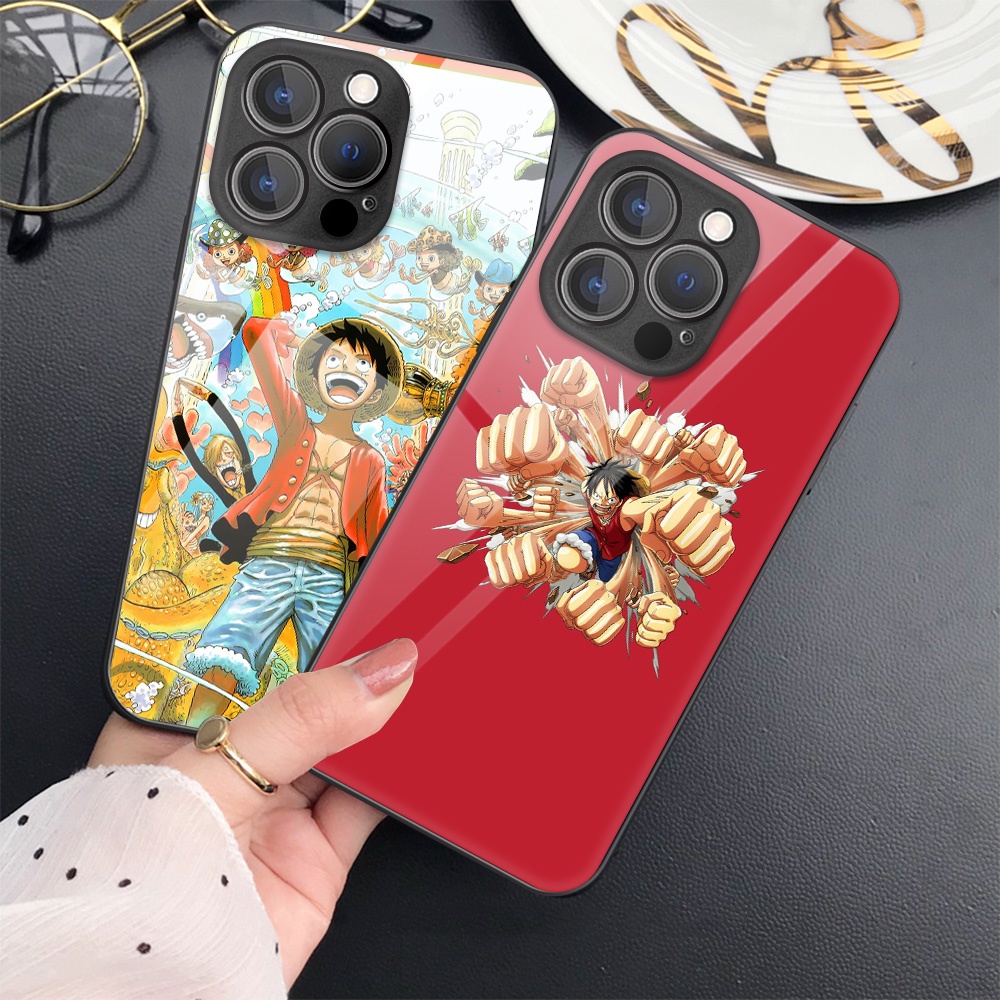 เคสโทรศัพท์มือถือกระจกนิรภัย-แบบแข็ง-ป้องกันกล้อง-ลายการ์ตูนลูฟี่-one-piece-สําหรับ-iphone-14-pro-max-13-12-11-x-xr-xs-7-8-se-2020