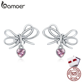 bamoer 925 Sterling Silver Jewelry Gift with Bow CZ Light Stud Earrings for Women Girls Gift Statement Jewelry SCE962