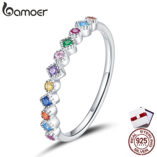 bamoer Sterling Silver 925 CZ Signet Ring Engrave Rainbow Finger Rings for Women wedding ring Size Korean Style Jewelry SCR697