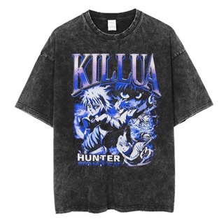 【hot tshirts】เสื้อยืดสีดำอินเทรนด์เสื้อยืดโอเวอร์ไซส์ killua hunter x hunter ovp คิรัว ผ้าฟอกS M L   XL  XXL2022