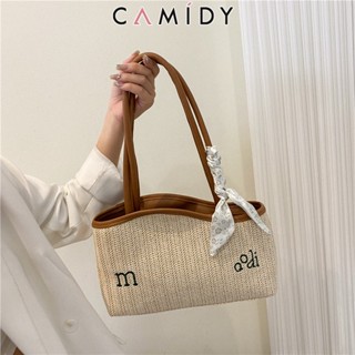 Camidy ตัวอักษรทอกระเป๋าสะพายความจุขนาดใหญ่กระเป๋าหิ้วใหม่ผ้าพันคอไหมเดินทางสบาย ๆ ออกถนนฟางทอกระเป๋า