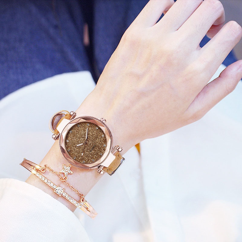 hapy-ใหม่สีเงินผง-rhinestone-ใบหน้าผู้หญิงนาฬิกาสายหนัง-frosted-สุภาพสตรีสร้อยข้อมือเทรนด์สบาย-ๆ-สองชิ้นนาฬิกาข้อมือชุดของขวัญของขวัญกล่องของขวัญสีดำ