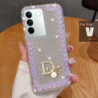 เคส Vivo V29 V27 5G V27E V25 Pro 25e V23 5G V23e V23 Pro V21 5G 4G V20 Pro V20SE โทรศัพท์มือถือ ประดับกลิตเตอร์ พลอยเทียม ลายดอกกุหลาบ 3D ไล่โทนสี หรูหรา สําหรับ