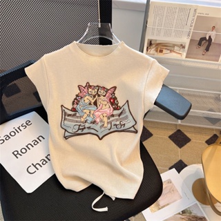 Embroidered Cat Knitted Sweater Womens Summer 2023 New Design Niche Sweet Hot Girl Style Short-sleeved Slim-fit Top