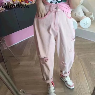 DaDulove💕 New Korean Version of INS Pink Ripped Jeans WOMENS Niche High Waist Straight Pants Large Size Trousers