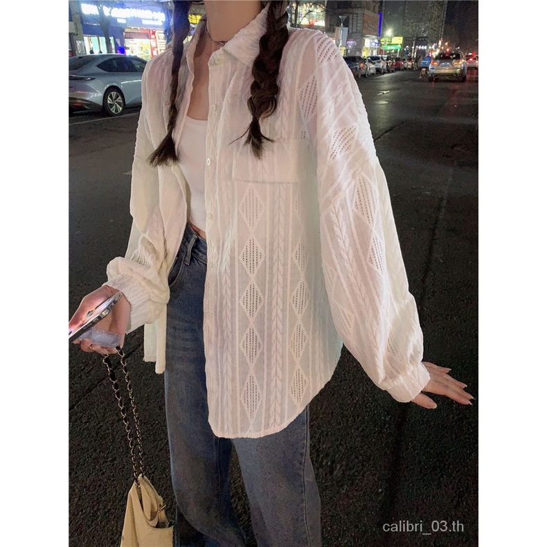 เสื้อผู้หญิง-2023ฤดูใบไม้ผลิและฤดูร้อนใหม่สไตล์ลำลองโครเชต์กลวงเสื้อเชิ้ตผู้หญิงสีขาวกันแดด-ax3181