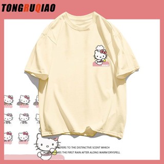 เสื้อยืดแขนสั้น ผ้าฝ้ายแท้ พิมพ์ลาย Hello Kitty สไตล์ตะวันตก แฟชั่นฤดูร้อน สําหรับเด็กผู้หญิง 2023