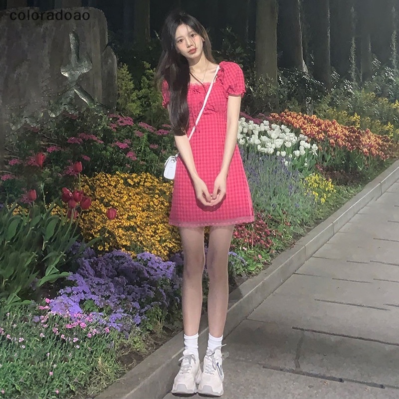 crd-ชุดมินิเดรสลําลอง-คอสี่เหลี่ยม-ลายสก๊อต-หรูหรา-แฟชั่นฤดูร้อน-สําหรับสตรี-zxh