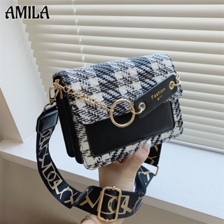 AMILA กระเป๋าแมสเซนเจอร์สายโซ่แฟชั่นเกาหลี การออกแบบเฉพาะ แมตช์แบบสบาย ๆ กระเป๋าสะพายข้างกว้าง