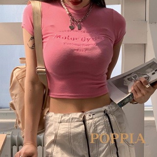 Poppia- เสื้อครอปท็อป คอกลม แขนสั้น ปักลายตัวอักษร แบบเข้ารูป สําหรับเด็กผู้หญิง ใส่ไปคลับ