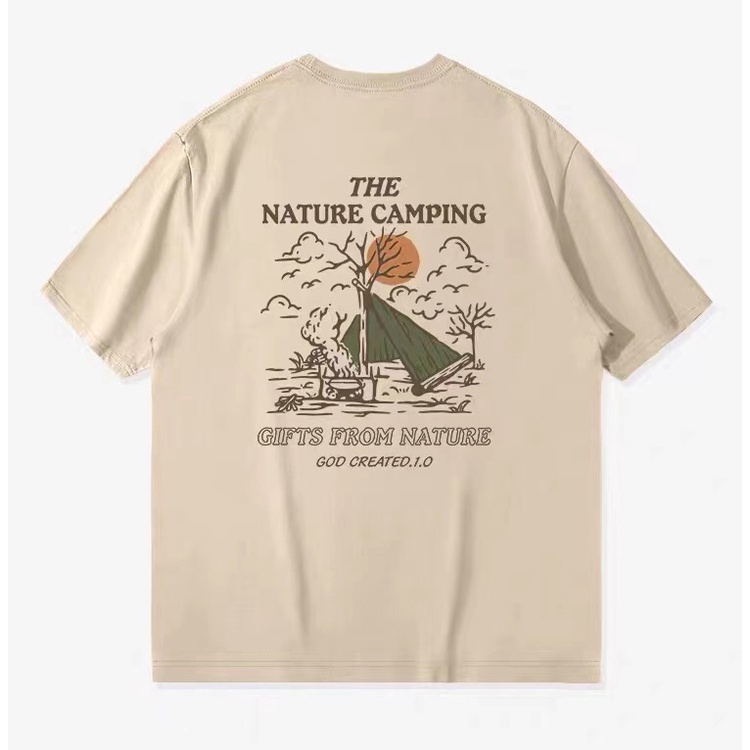 the-nature-campingเสื้อยืดแขนสั้นพิมพ์ลายข้อความ-สีกากี