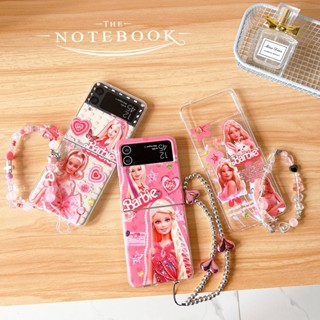 เคสโทรศัพท์มือถือแบบแข็ง กันกระแทก ลายการ์ตูนบาร์บี้น่ารัก พร้อมสายโซ่คล้อง สําหรับ Samsung Galaxy Z Flip5 Z Flip 3 Flip 4 5G