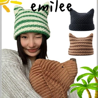 Emilee หมวกบีนนี่ลําลอง แต่งหูแมวน่ารัก แบบสวมหัว ลายทาง สไตล์ญี่ปุ่น สําหรับผู้หญิง