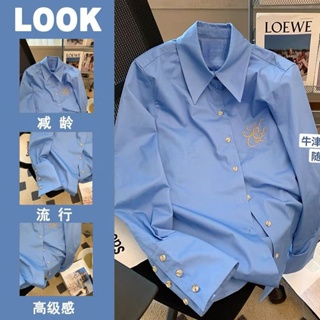 เสื้อเชิ้ตโปโล คอปก ปักลาย ทรงหลวม สีฟ้า แฟชั่นฤดูใบไม้ผลิ สําหรับผู้หญิง 2023