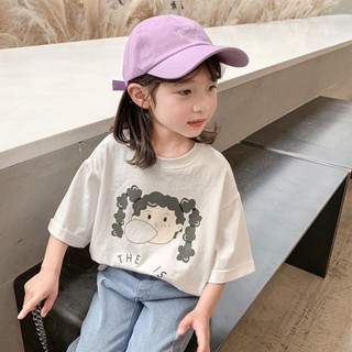 พร้อมส่ง ขายดี เสื้อยืดแขนสั้นลําลอง ผ้าฝ้ายแท้ ทรงหลวม ลายการ์ตูน สีขาว แฟชั่นฤดูร้อน สไตล์เกาหลี และญี่ปุ่น สําหรับเด็กผู้หญิง 2023