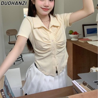 Duohanzi เสื้อยืดโปโล แขนสั้น จับจีบ เอวเข้ารูป สุดชิค สําหรับผู้หญิง 2023
