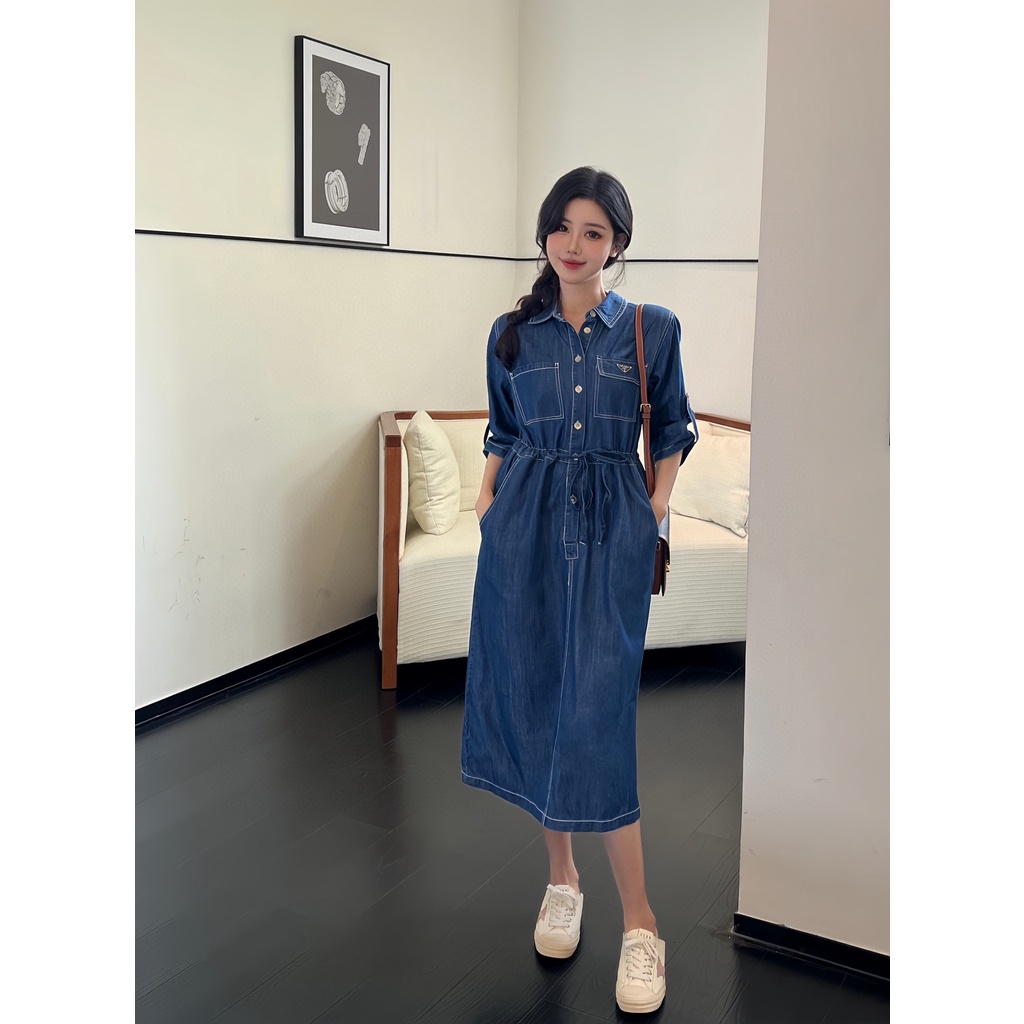 ra5q-pra-a-2023-spring-and-summer-new-red-label-decorative-light-denim-dress-fashionable-waist-drawstring-lace-up-waist-display