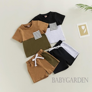 Babygarden-0-3 ปี ชุดเสื้อผ้าเด็กผู้ชาย ฤดูร้อน, สีตัดกัน แขนสั้น เสื้อยืด แบบสวมหัว + กางเกงขาสั้น ยืดหยุ่น