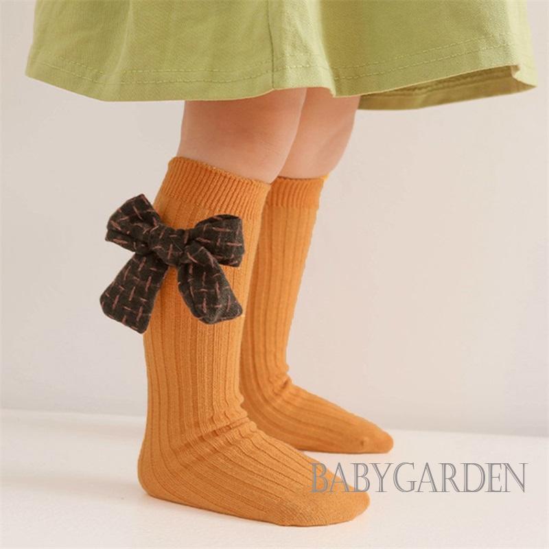 babygarden-เด็กทารก-ถุงเท้ายาว-สีพื้น-พิมพ์ลายน่ารัก-โบ-ลําลอง-ความยาวเข่า-ถุงเท้า