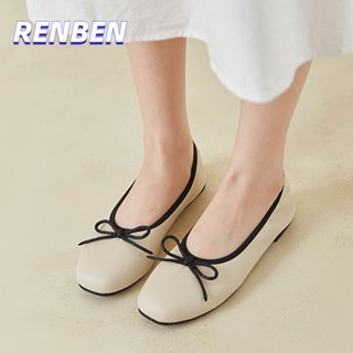 RENBEN ฝรั่งเศส moccasins ผู้หญิงฤดูร้อนโบว์สบาย ๆ สแควร์หัวแบนด้านล่างลื่นบน