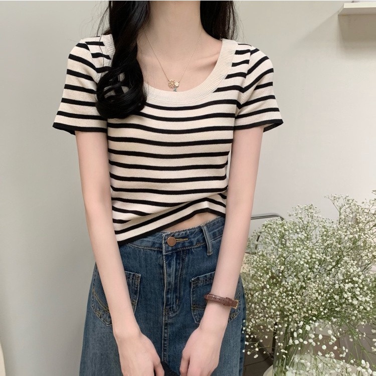 OFF SHOP 🥻 เสื้อไหมพรมแขนสั้น คอกลม ดีเทลลายทางคิ้วๆ (88618)-C | Shopee ...
