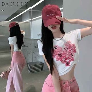 DaDuHey🎈 Summer New Retro Hot Girl Top Womens Design Sense Niche Short Short Sleeve T-shirt American Style Undershirt Crop Top